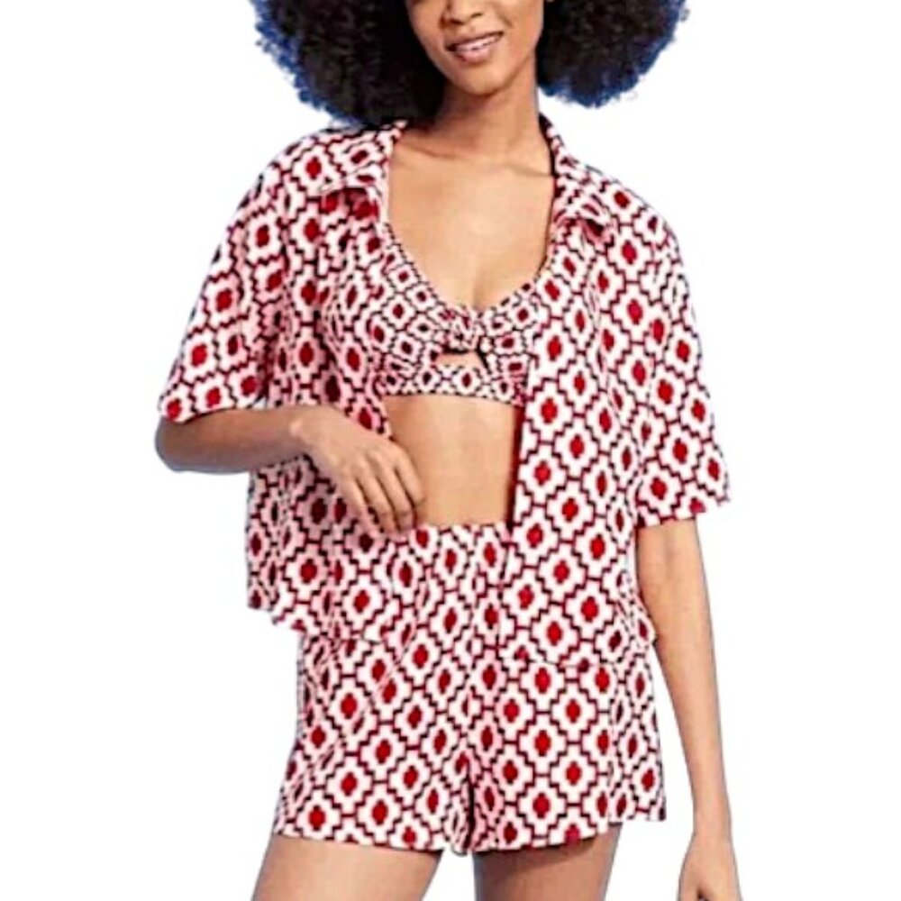 2-PC SET Linen Blend Crop Button Top Pull-On Shorts S Geometric Red White